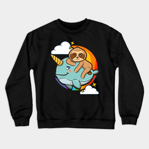 Cute & Funny Sloth Riding Narwhal Animal Friends Crewneck Sweatshirt by theperfectpresents